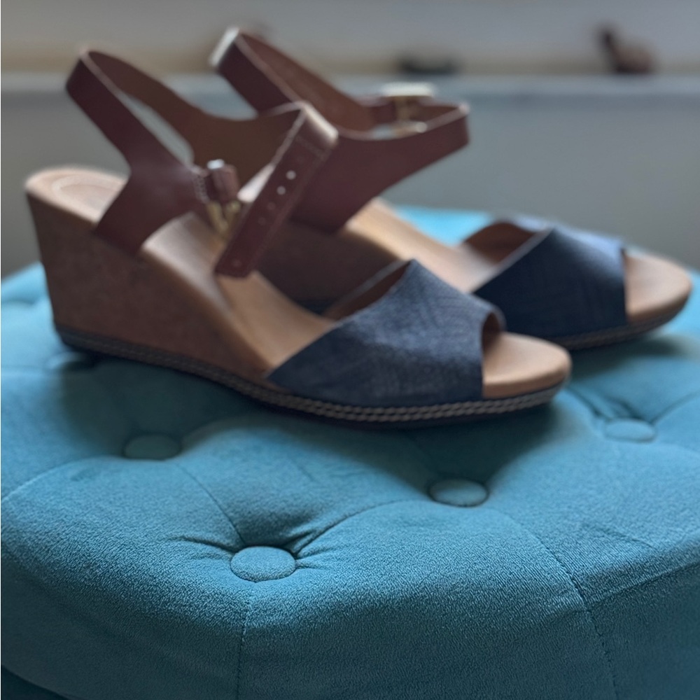 Clarks Brown and Blue Wedge Sandals